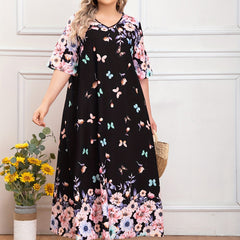Plus Floral & Butterfly Print Half Sleeve V Neck Maxi Dress
