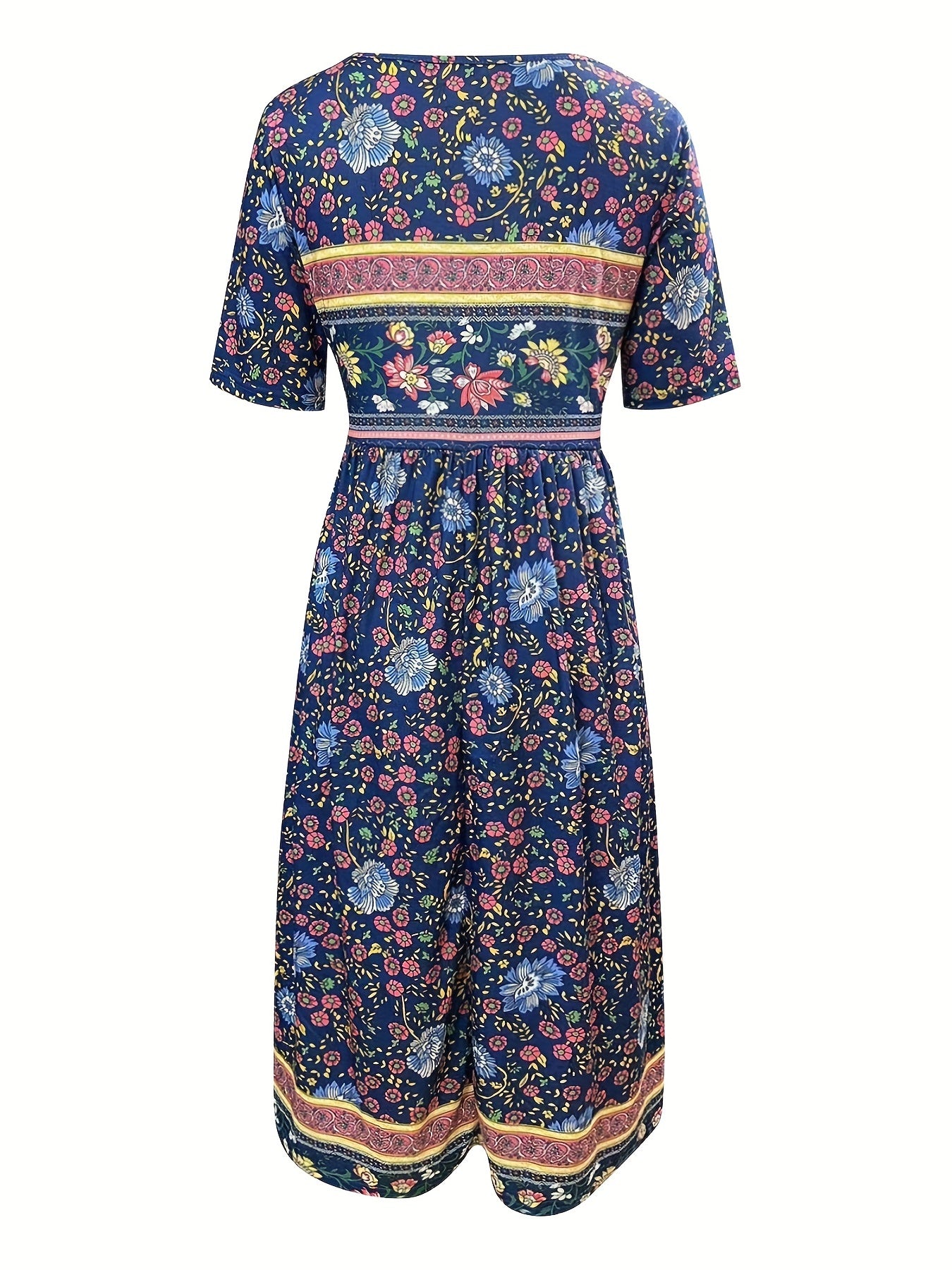 Boho Floral Print Ruched Dress with Pockets