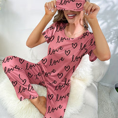 Heart Print Pajamas Set Short Sleeve Top & Lounge Pants