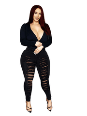 Destroyed Legs Curvy Skinny Jeans High Waist Stretchy Denim Pants