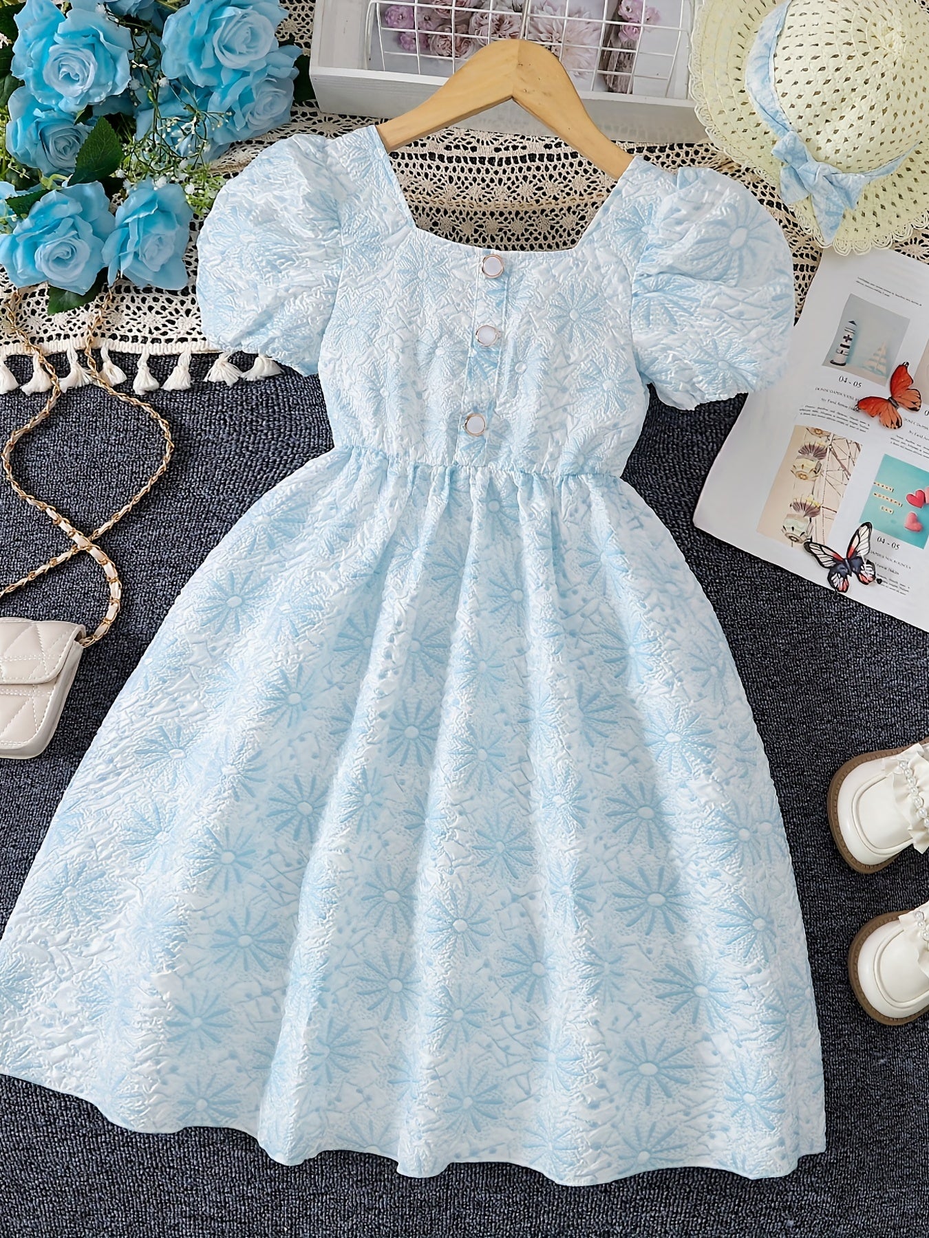 Floral Textured Princess Dress For Girls Puff Sleeve Party Birthday Dress