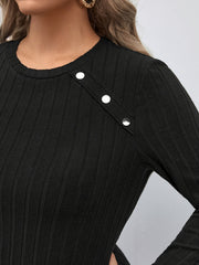 Casual Dress Women's Plus Solid Ribbed Button Decor Long Sleeve Dress