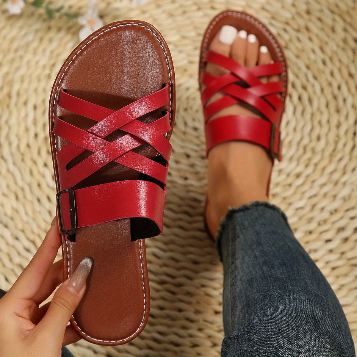 Women's Cross Strap Flat Slides Lightweight Faux Leather Shoes