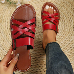 Women's Cross Strap Flat Slides Lightweight Faux Leather Shoes