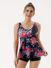 Drawstring Tankini Set V Neck Boxer Short Bottom 2-Piece Swimsuit