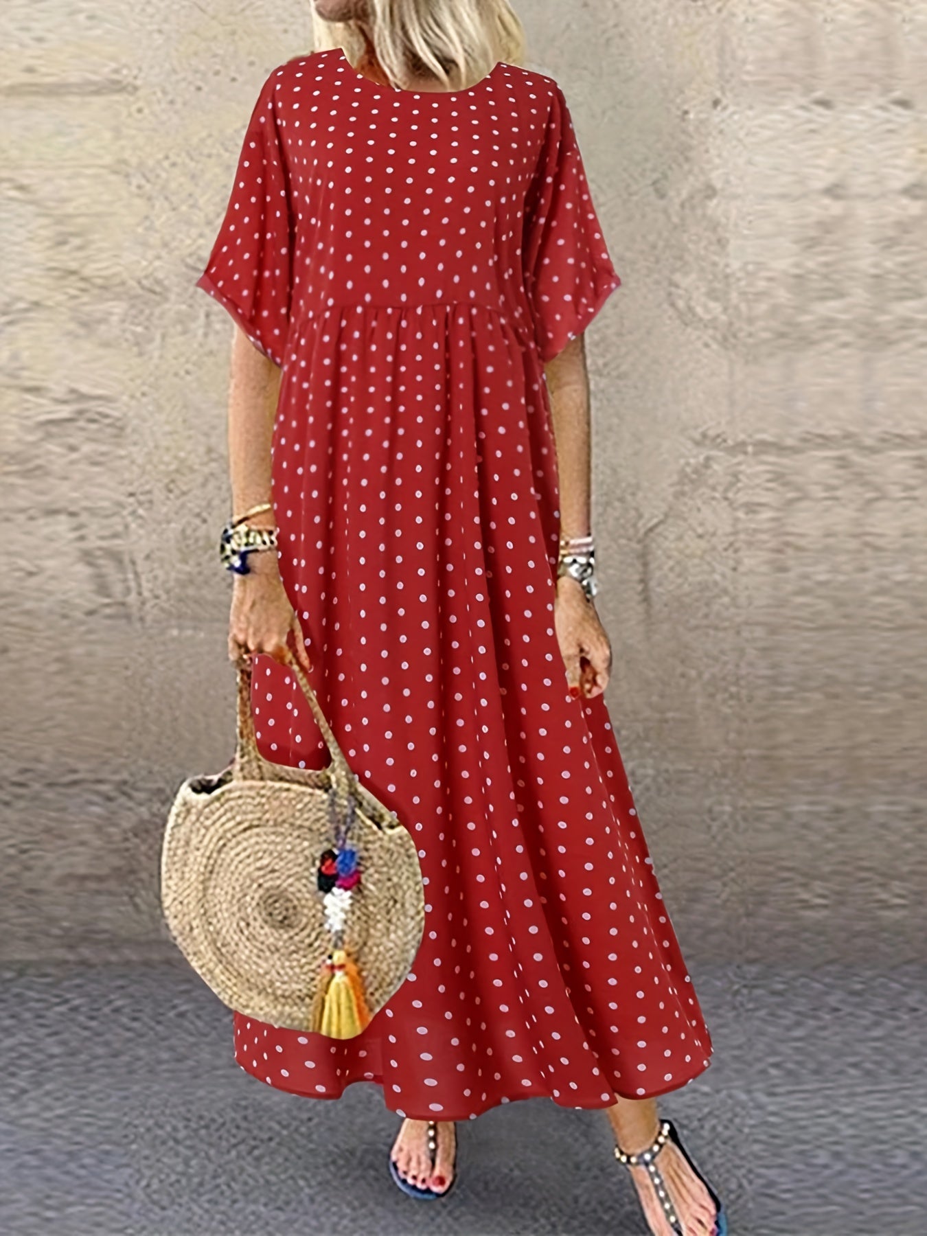 Polka Dot Dress Crew Neck Short Sleeve Casual Dress