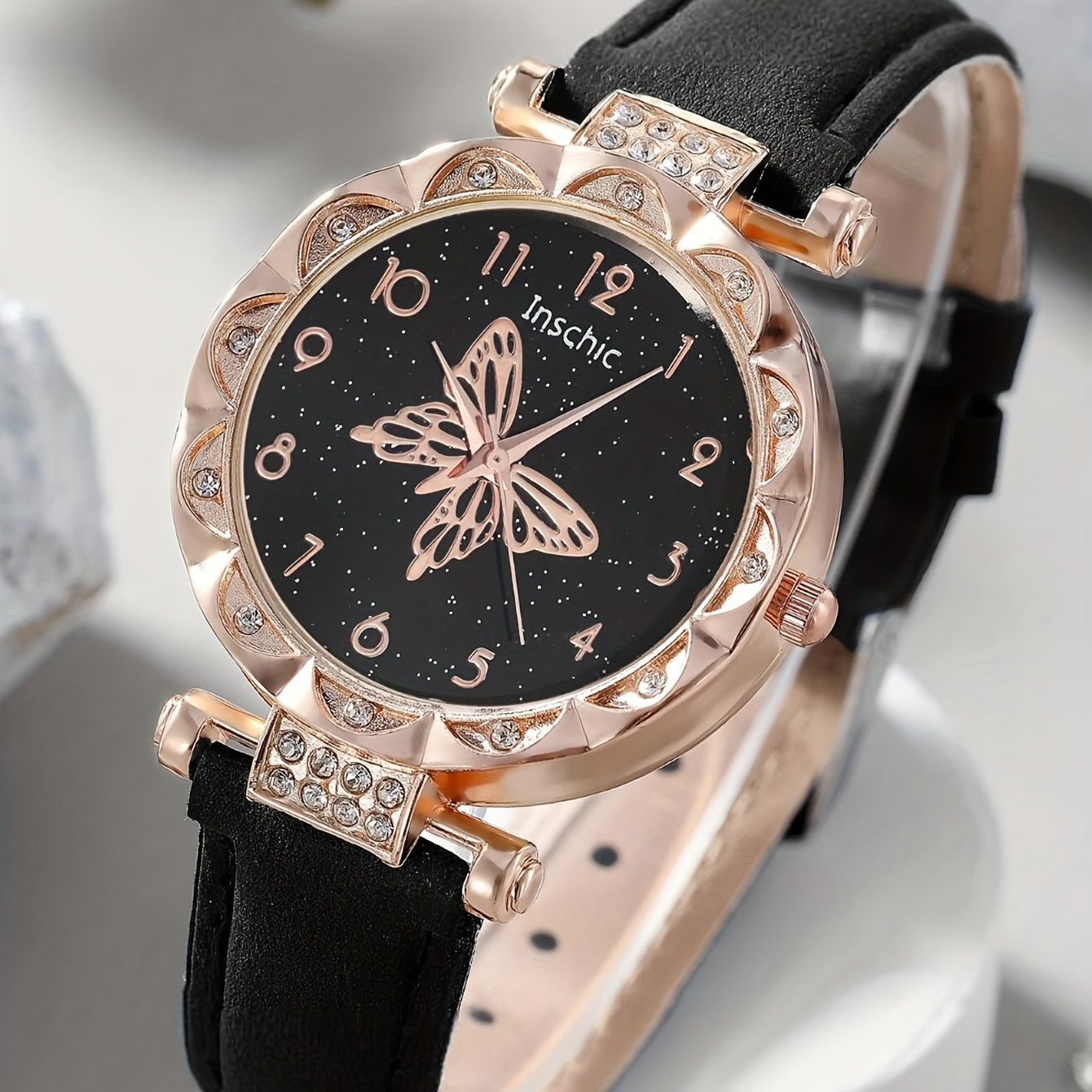 Rhinestone Butterfly Watch & Water Drop Jewelry Set