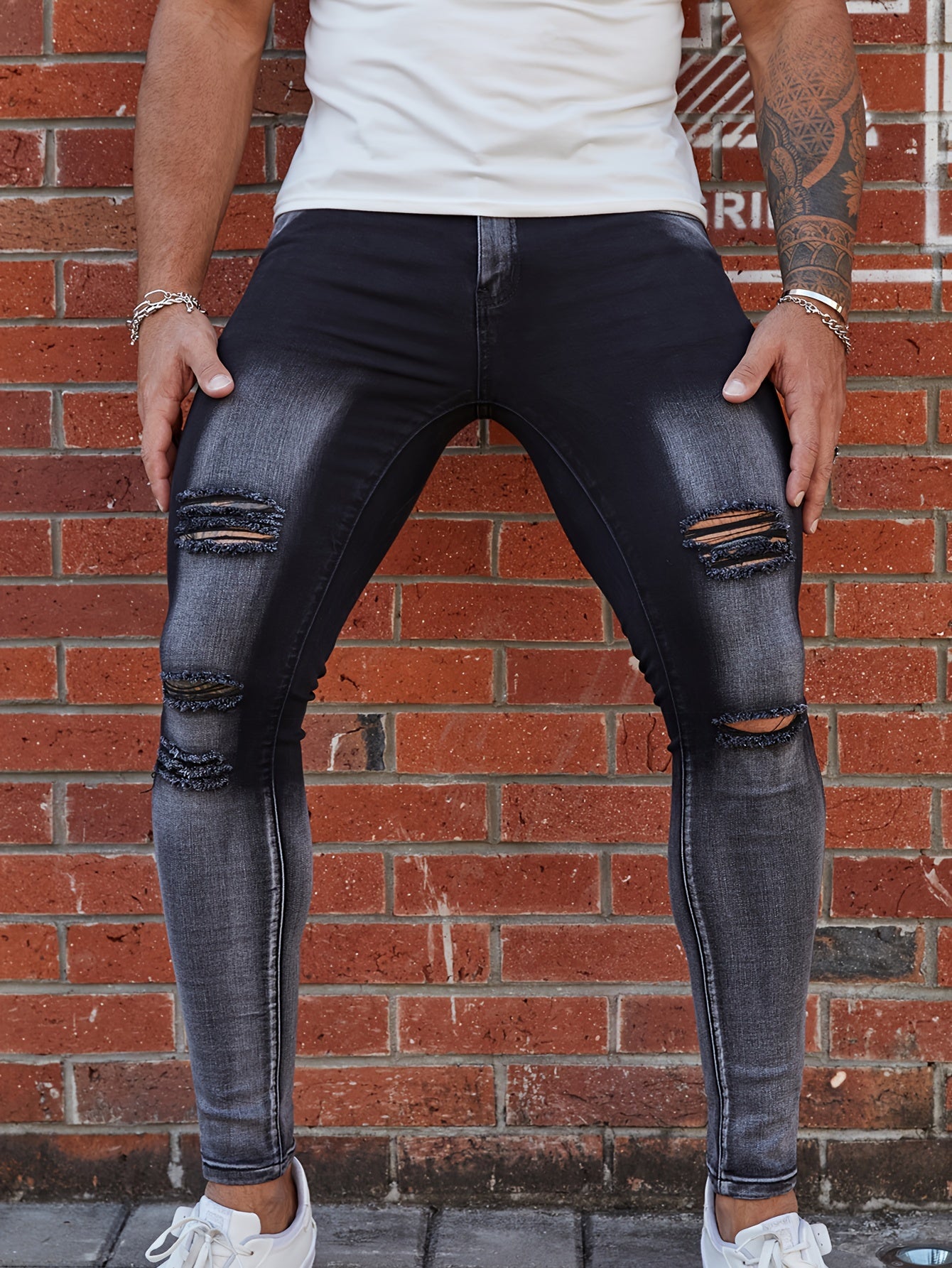 Men's Ripped Skinny Fit Stretch Long Trousers