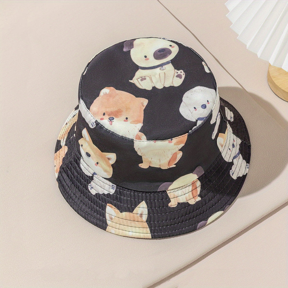 Reversible Family Bucket Hat Puppy Print Basin Hat Unisex Cartoon Dog Fisherman