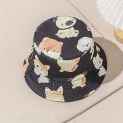 Reversible Family Bucket Hat Puppy Print Basin Hat Unisex Cartoon Dog Fisherman
