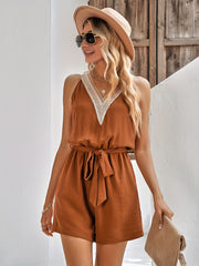 Guipure Lace Tie Waist Romper Sleeveless V neck Jumpsuit