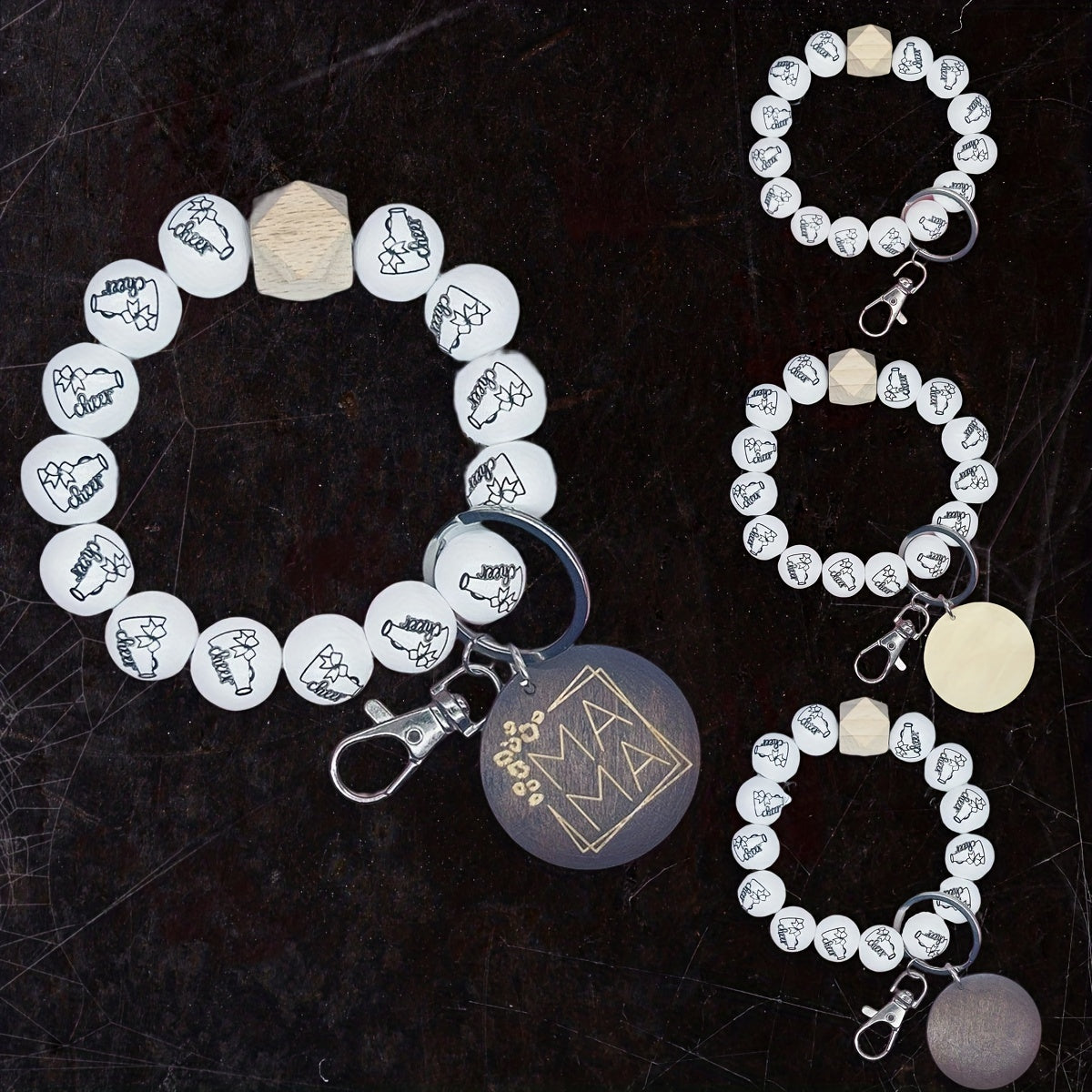 Monogram Printed Wood Bead Bracelet Keychain Horn Cheer Bracelet Alphabet