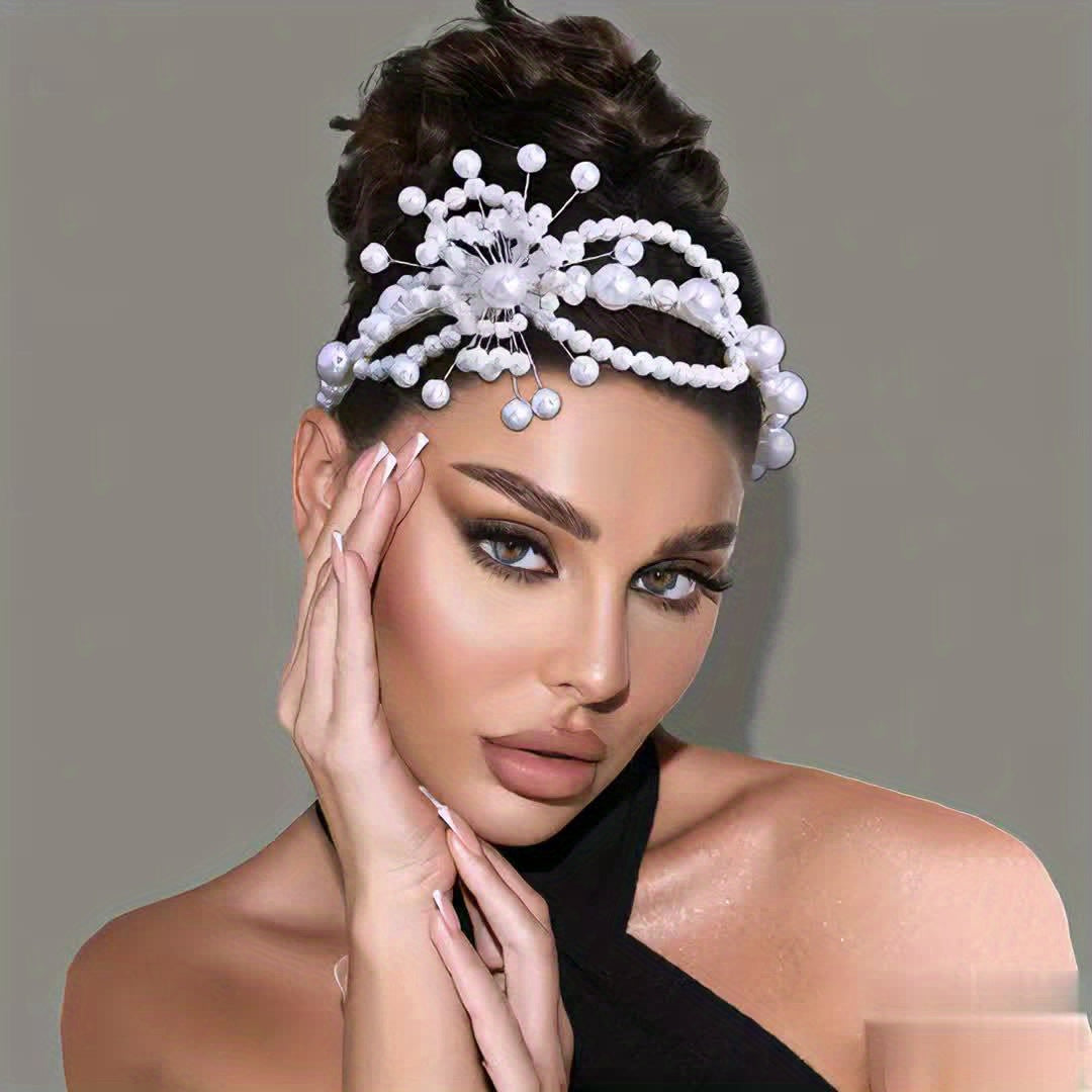 Beaded Flower Hairband for Women Resin Pearl Headpiece with Pearls