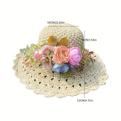 Foldable Flower Garland Sun Hat Crochet Straw Hat UV Protection Beach Hat