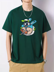 Cartoon Rabbit Print Men's Cotton Graphic Crew Neck Active T shirt
