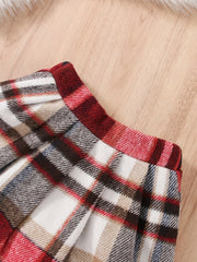 Girl's Preppy Style Outfit 3pcs Set Ribbed Turtleneck Top & Beret & Plaid Skirt