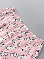 Casual Pajamas Set Women's Plus Tee & Cartoon Eye Print Pants 2pcs