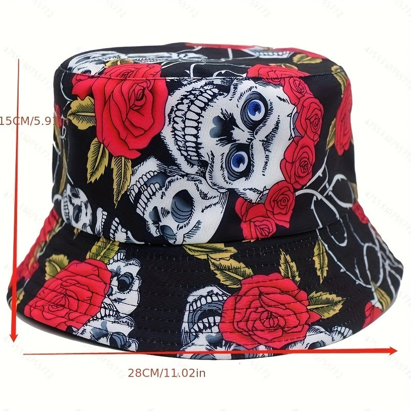 Skull Rose Flower Print Sunshade Bucket Hat for Men Women