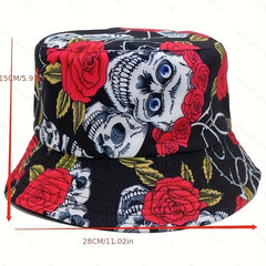 Skull Rose Flower Print Sunshade Bucket Hat for Men Women
