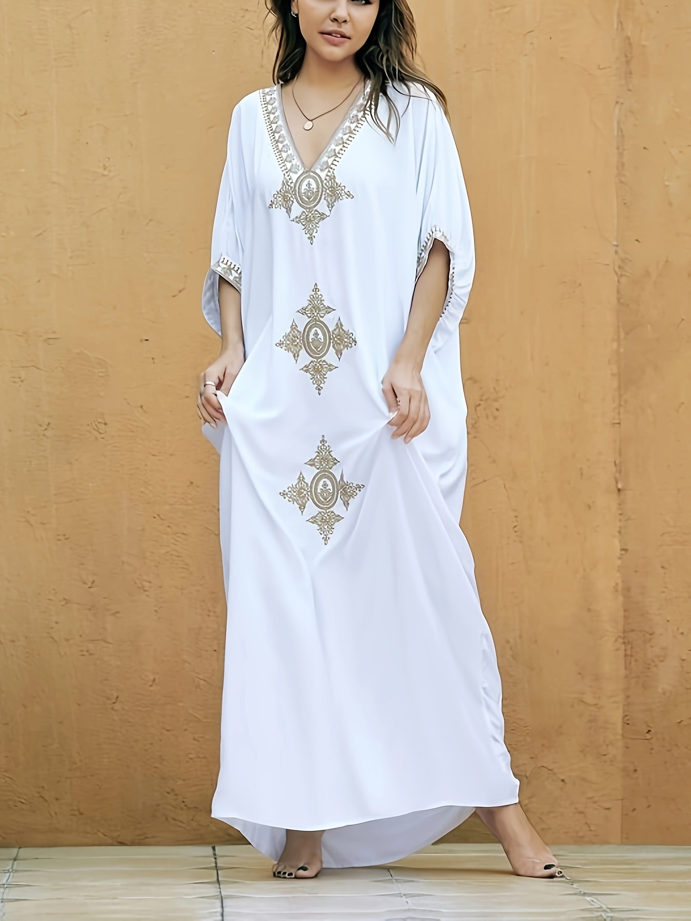 Boho Cover Up Women's Plus Embroidered Batwing Sleeve V Neck