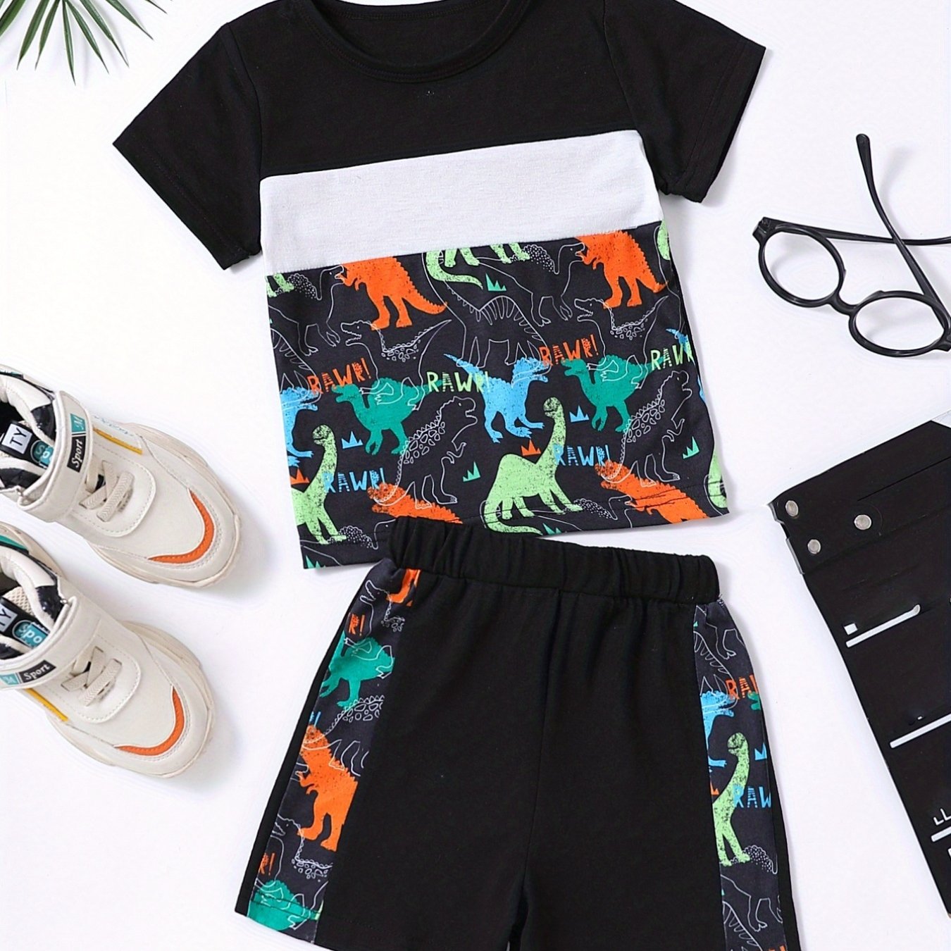 Toddler Boys Letter Dinosaur Print Tee Track Shorts Set