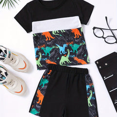 Toddler Boys Letter Dinosaur Print Tee Track Shorts Set