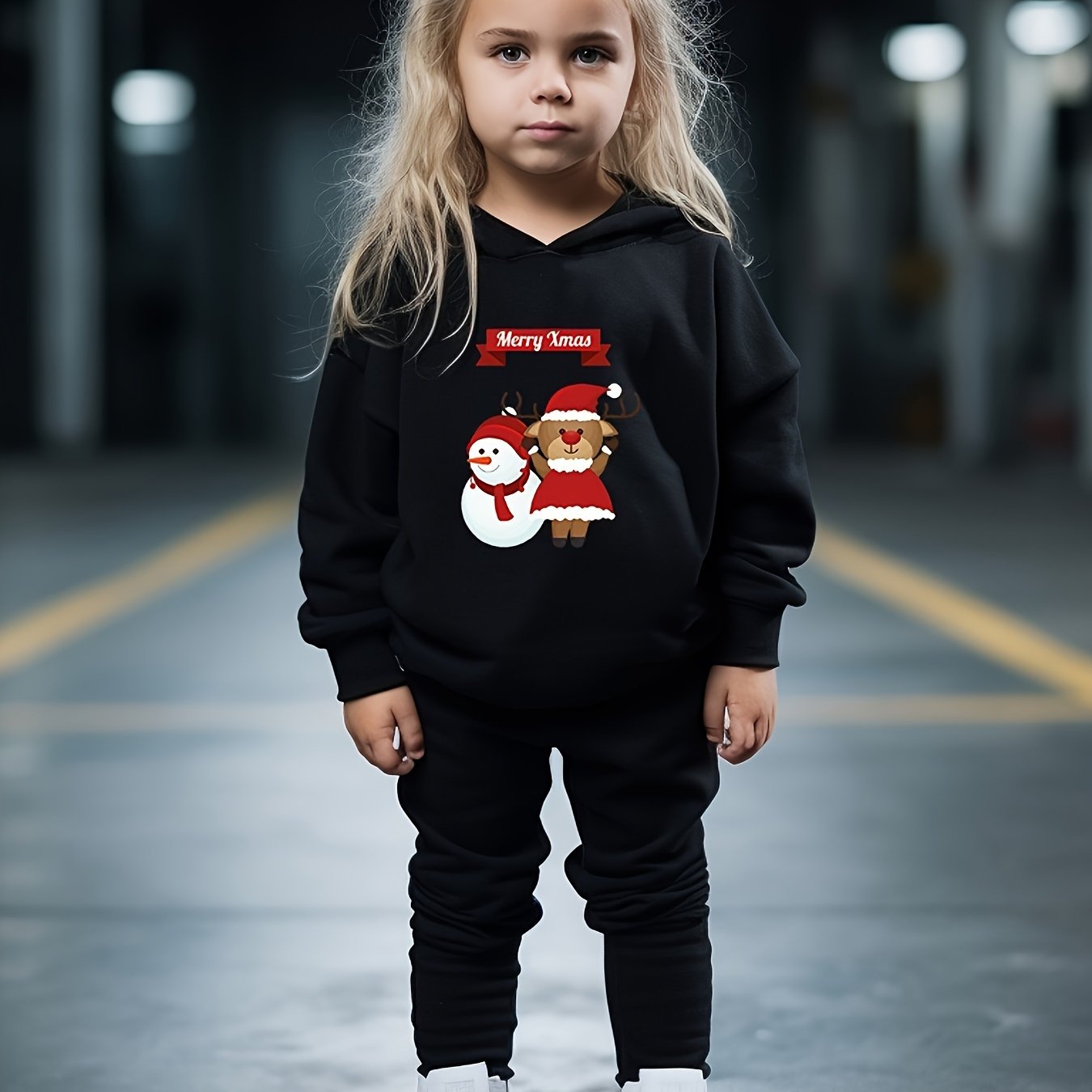 Reindeer Snowman Print Hoodie Jogger Pants Set for Girls Boys