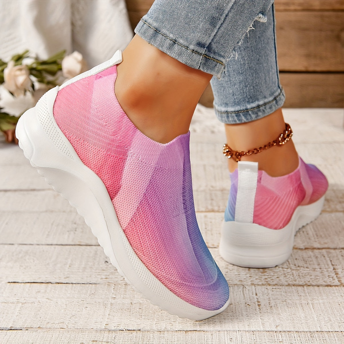 Women's Ombre Knit Slip on Sneakers Anti slip Comfort Running Shoes