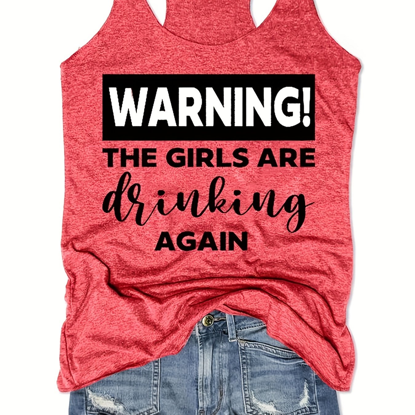 Letter Print Casual Tank Top For Women Girls Summer Crew Neck