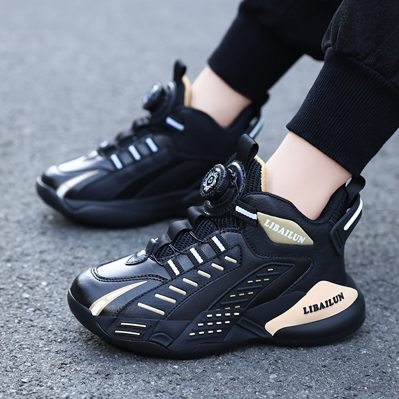Boy's Basketball Shoes With Rotating Buckle Comfy Non Slip Sneakers