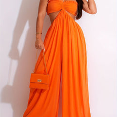 Wide Leg Halter Neck Jumpsuit Ruched Cut Out Jumpsuit