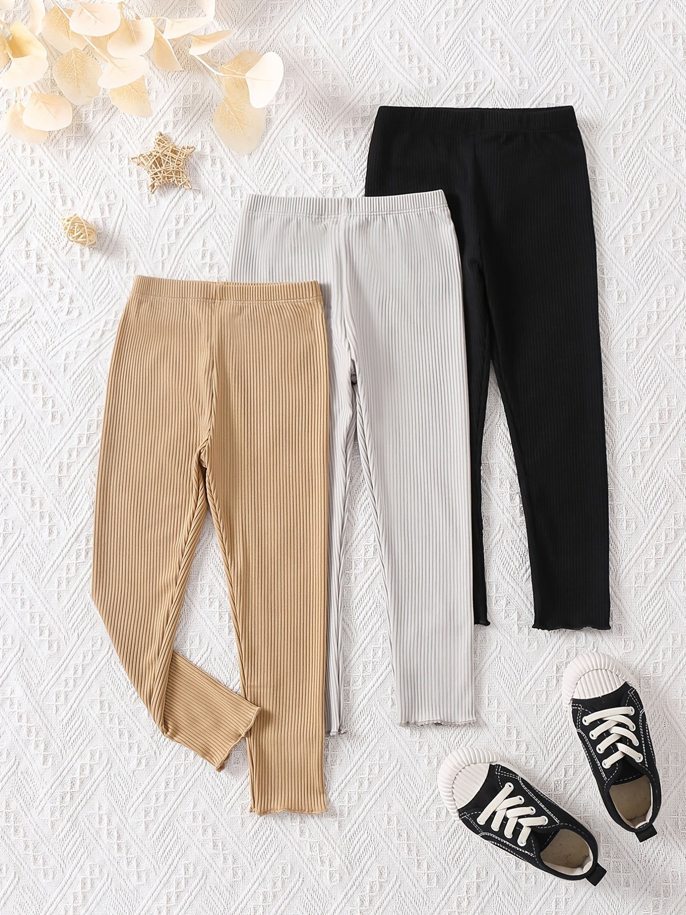 3pcs Girls Stretch Soft Leggings Footless Tights Solid Striped Pants