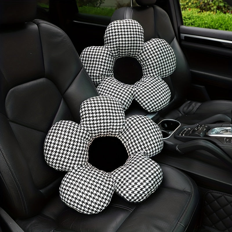Stylish Houndstooth Flower Headrest Cushion & Waist Pad Car Accessory