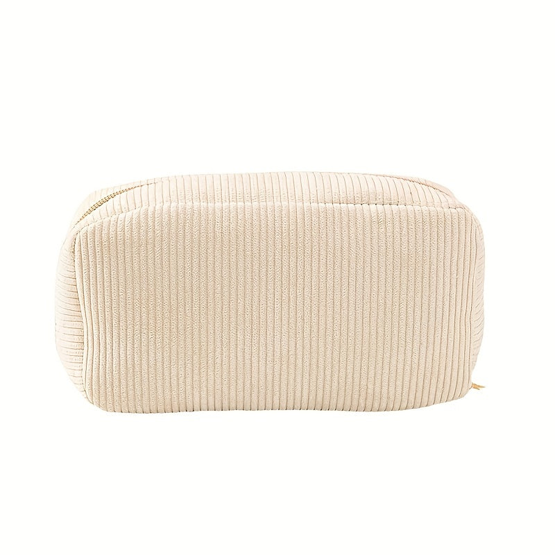 Beige Corduroy Makeup Bag Zipper Travel Brush Holder Organizer