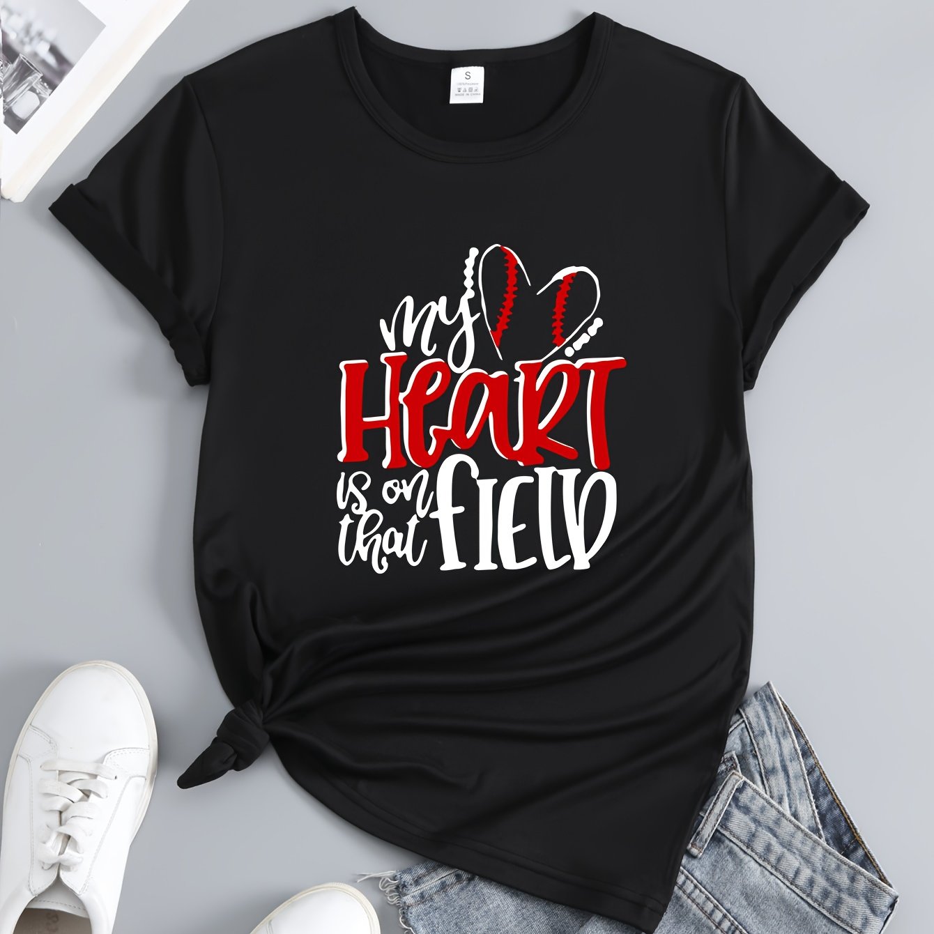Heart Baseball Letter Short Sleeve Sports Tee for Women