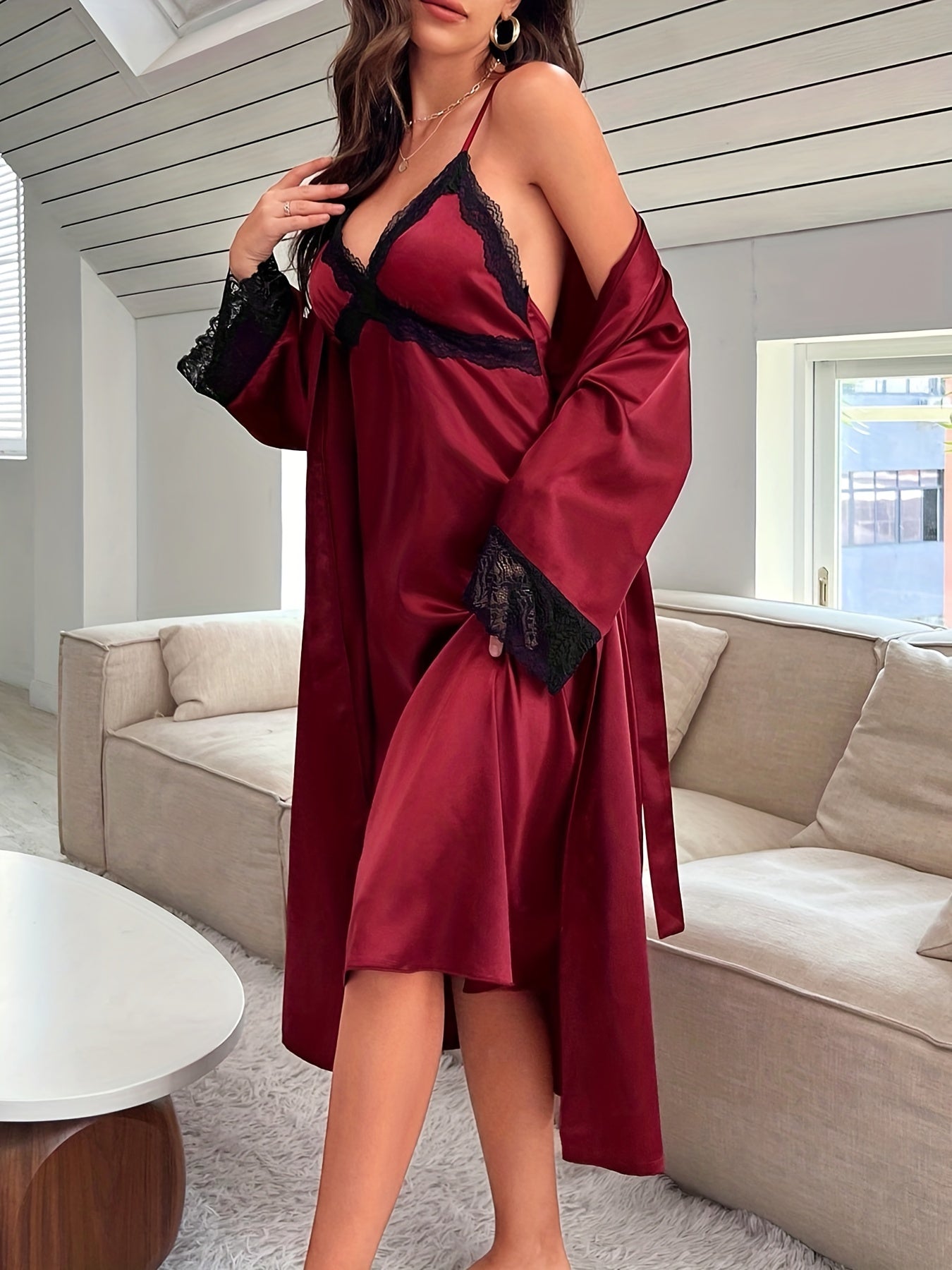 Lace Stitching Lounge Set Long Sleeve Robe & Slip Dress