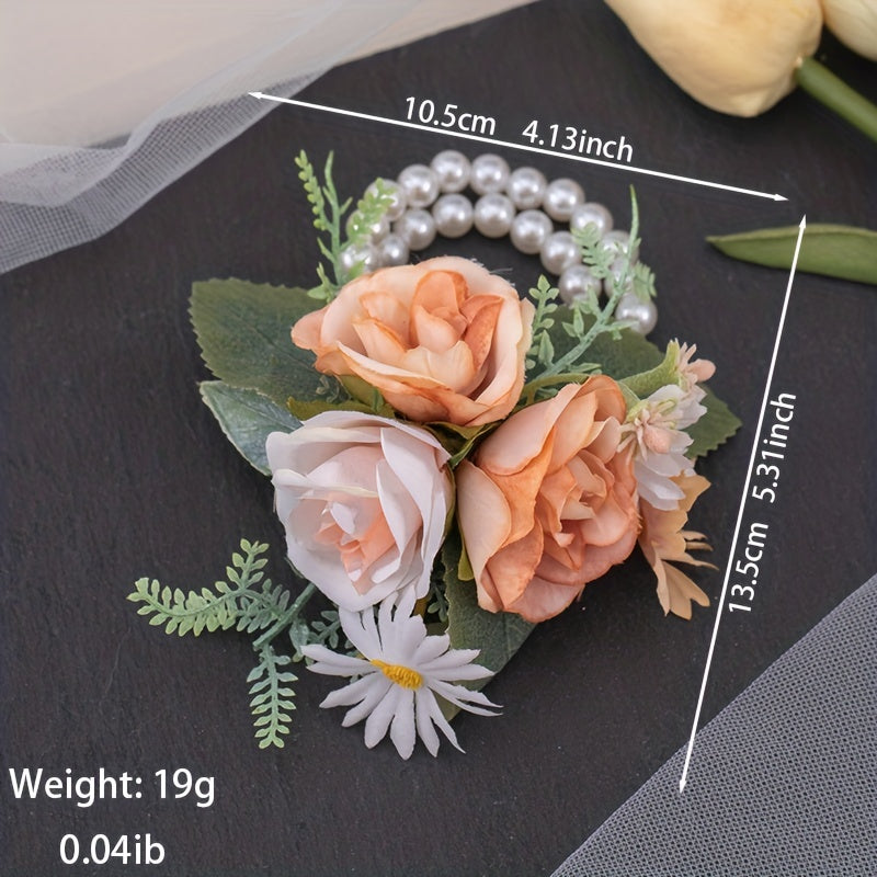 Rose Wristband Flower Ribbon Faux Pearl Bracelet Wedding Bridesmaid
