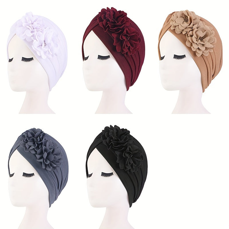 Double Flower Ruffles Turban Cap Solid Pleated Bonnet Head Wrap