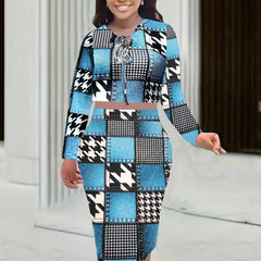 Patchwork Two piece Set Tie Front Long Sleeve Tops & Bag Hip Skirts
