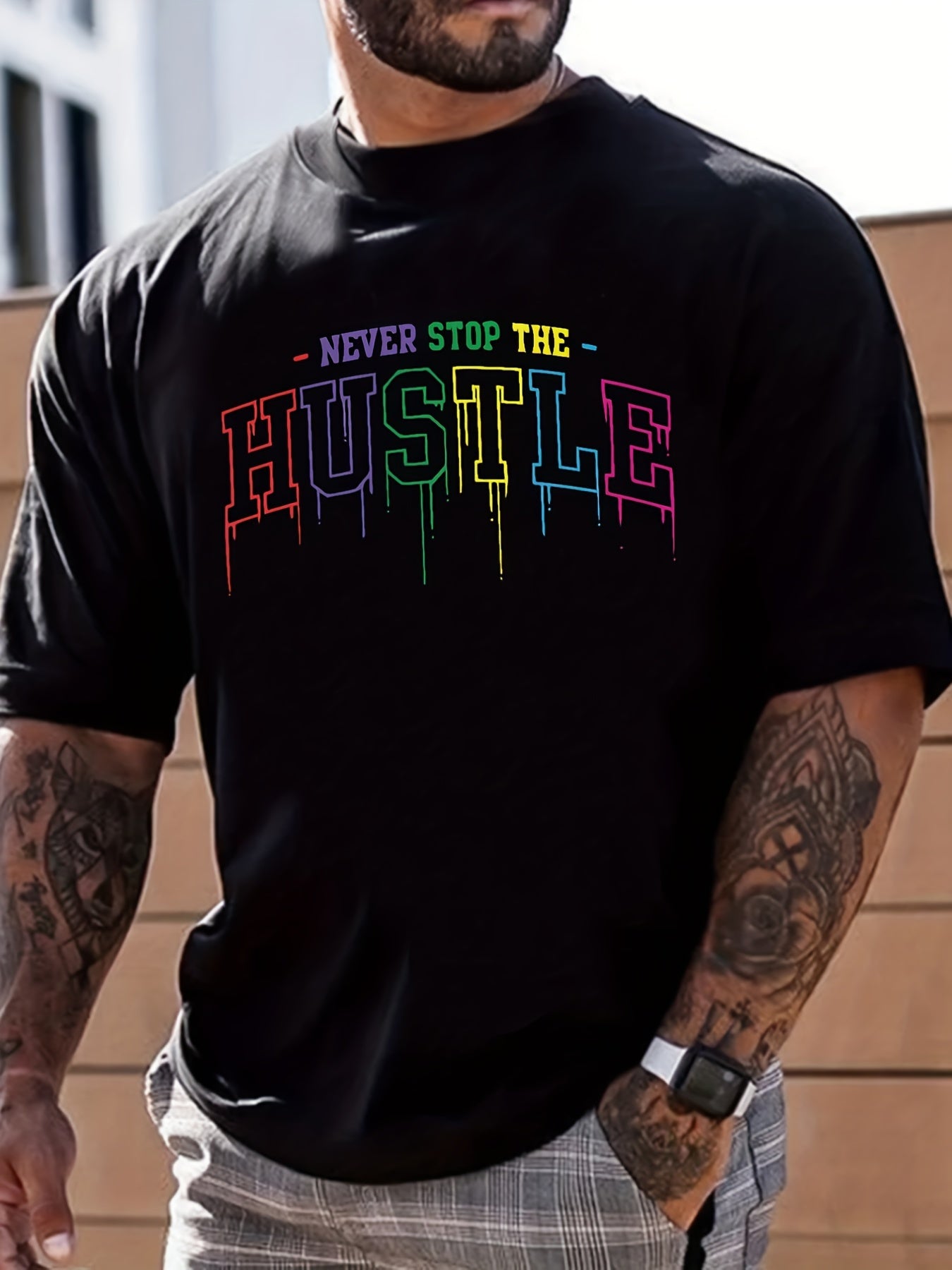 Men's Hustle Print Graphic Crew Neck T-shirt for Summer