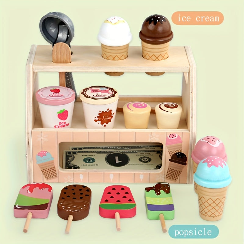 Wooden Ice Cream and Popsicle Playset Kitchen Role Play Set for Kids