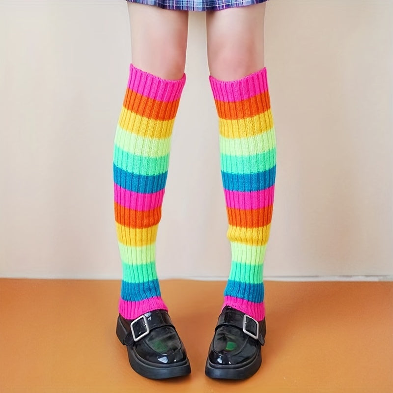 Rainbow Striped Leg Warmers Colorblock Knitted Socks