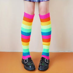Rainbow Striped Leg Warmers Colorblock Knitted Socks
