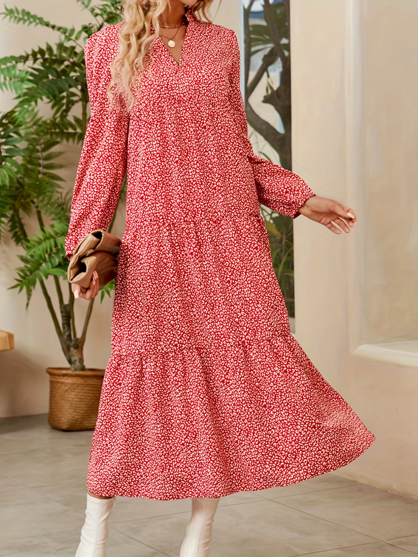 Leopard Print Tiered Dress V Neck Long Sleeve Maxi Dress Women's Clothing