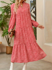 Leopard Print Tiered Dress V Neck Long Sleeve Maxi Dress Women's Clothing