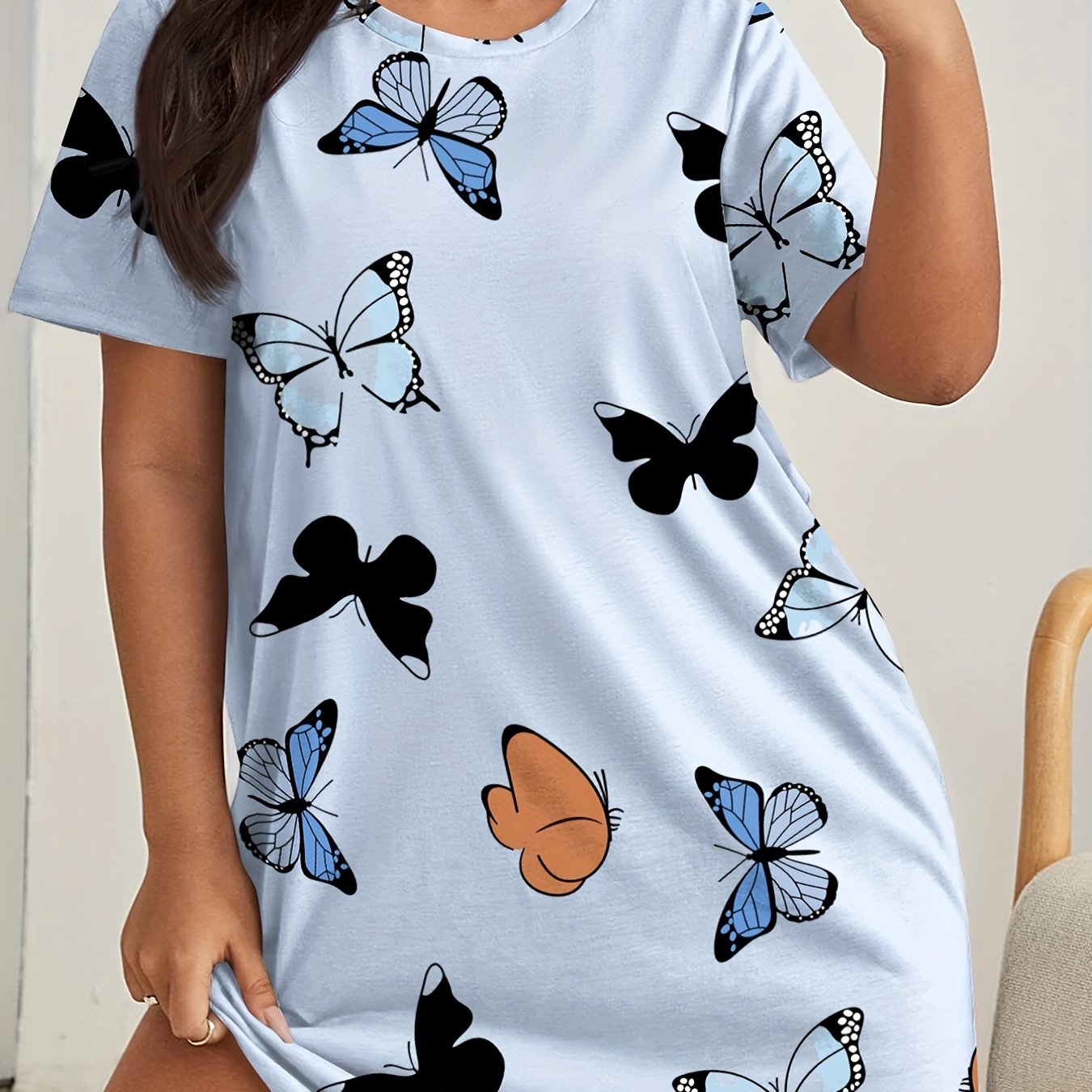 Butterfly Print Nightdress Short Sleeve Round Neck Sleep Dress
