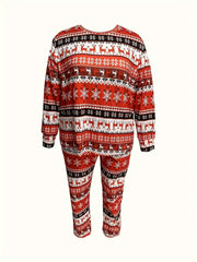 Christmas Casual Loungewear Set with Elk & Snowflake Print Tee & Pants