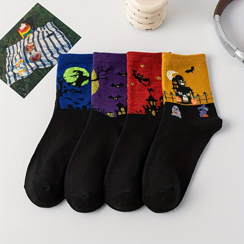 4 Pairs Halloween Print Socks Comfy & Breathable Mid Tube Women's Stockings
