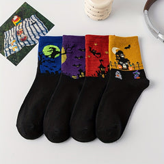 4 Pairs Halloween Print Socks Comfy & Breathable Mid Tube Women's Stockings