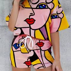 Abstract Figure Print Tee & Drawstring Shorts Set